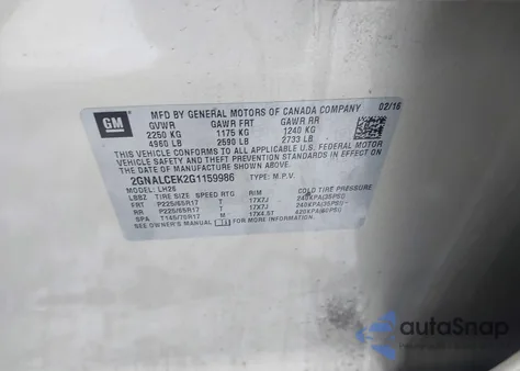 2016 Chevrolet Equinox Lt из США, поврежденный, VIN 2GNALCEK2G1159986